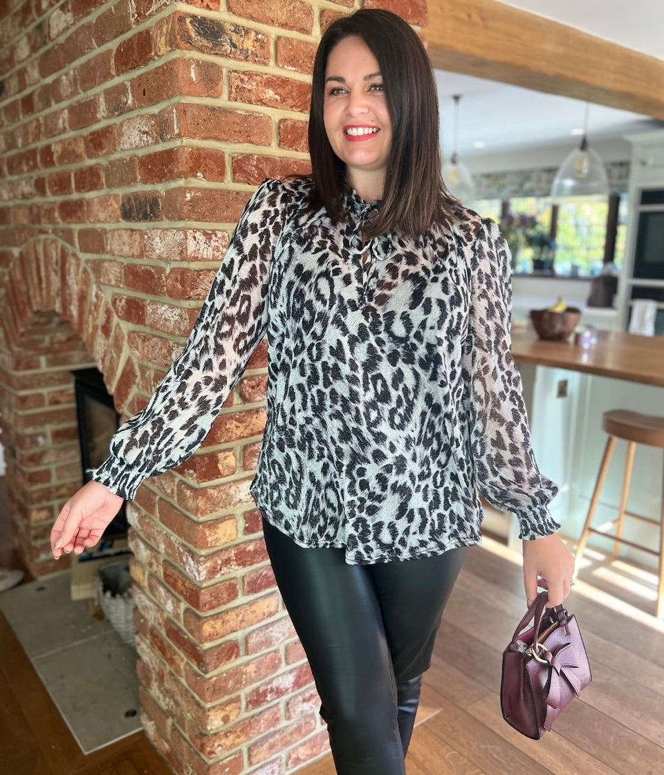 Grey Sparkle Animal Print High Neck Blouse