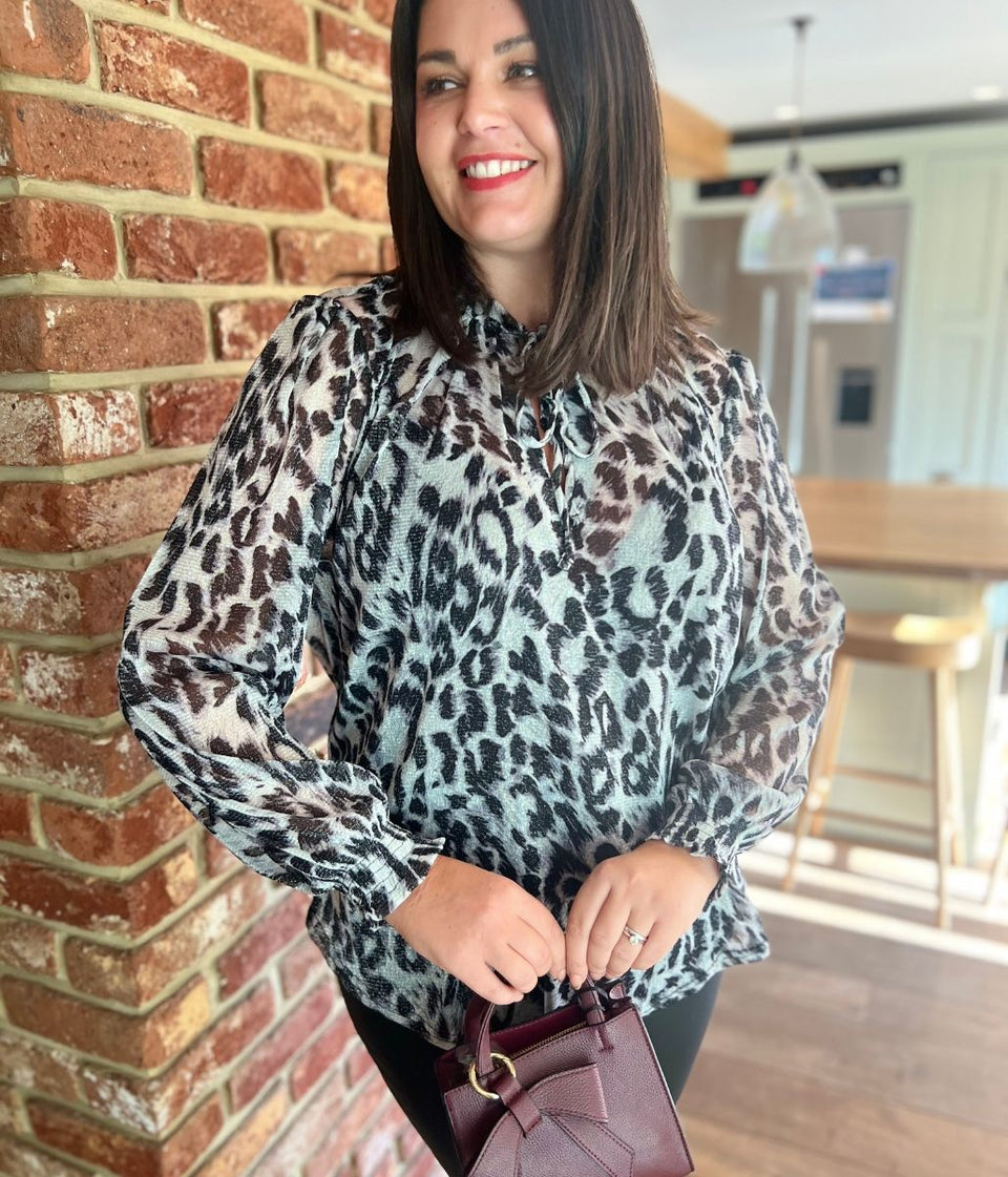 Grey Sparkle Animal Print High Neck Blouse