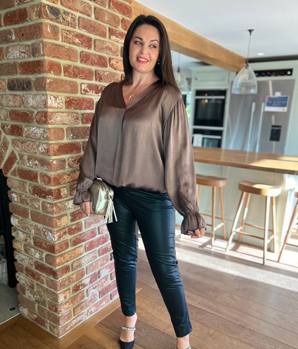 Mocha Satin Popover Top