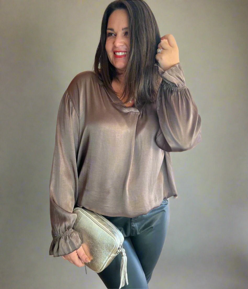 Mocha Satin Popover Top