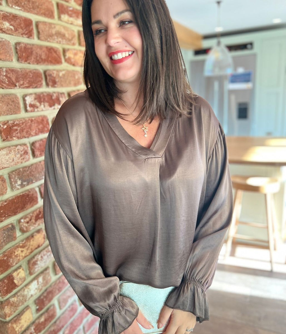 Mocha Satin Popover Top