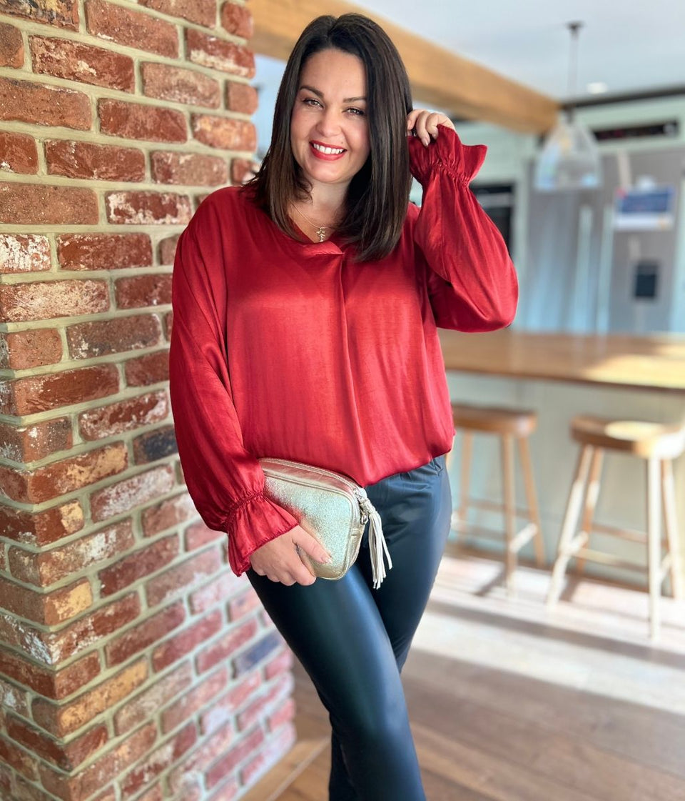 Red Satin Popover Top