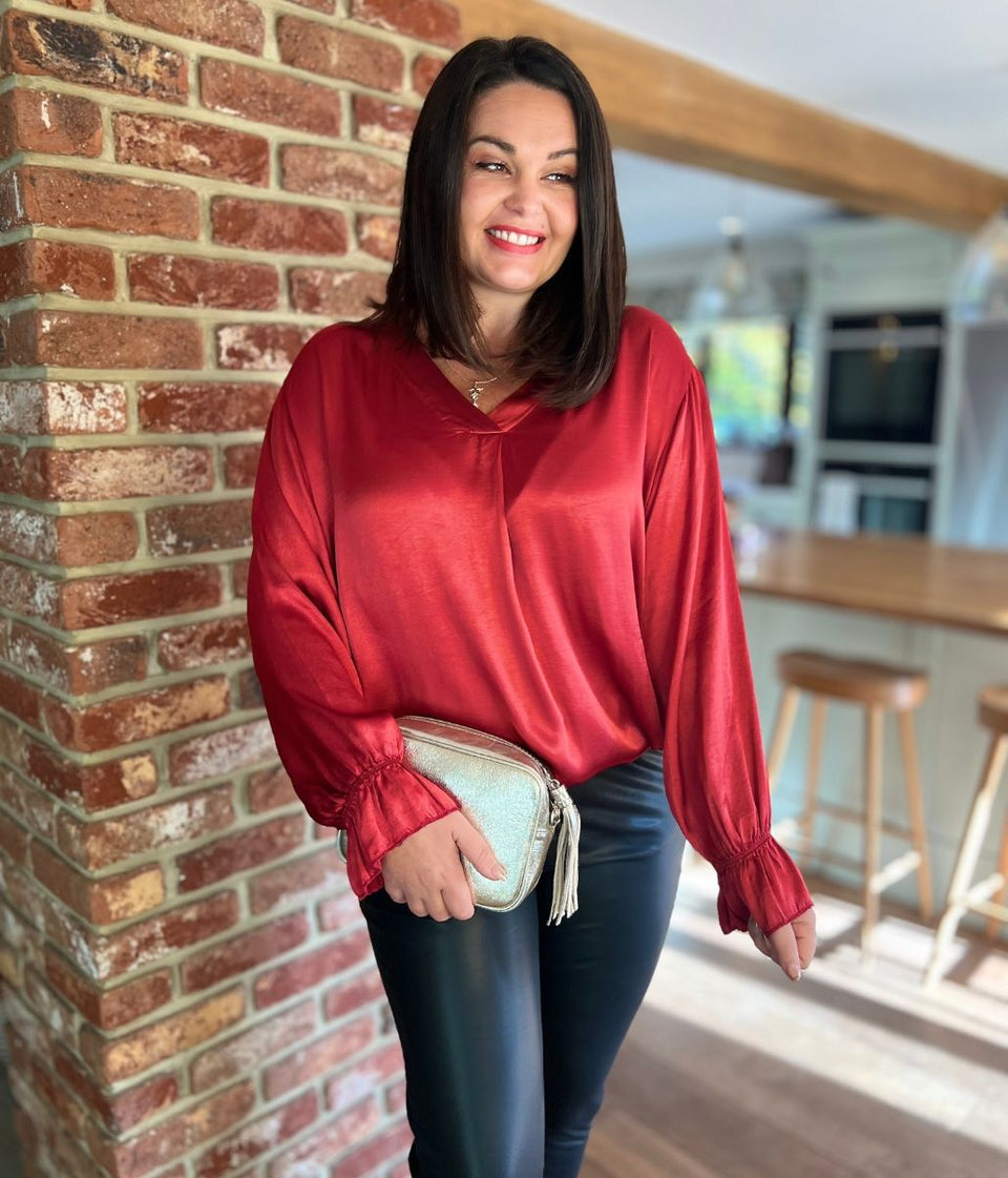 Red Satin Popover Top