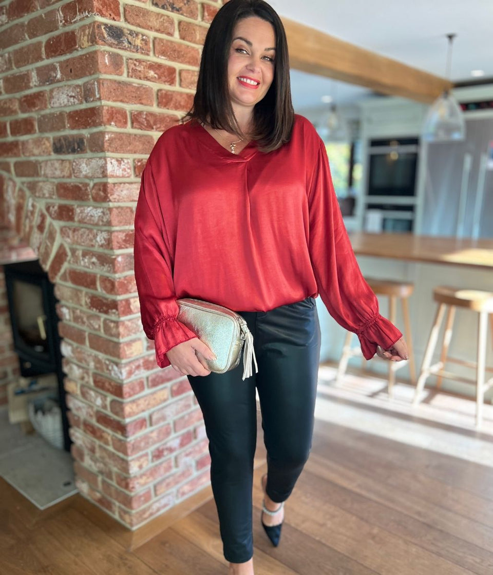 Red Satin Popover Top