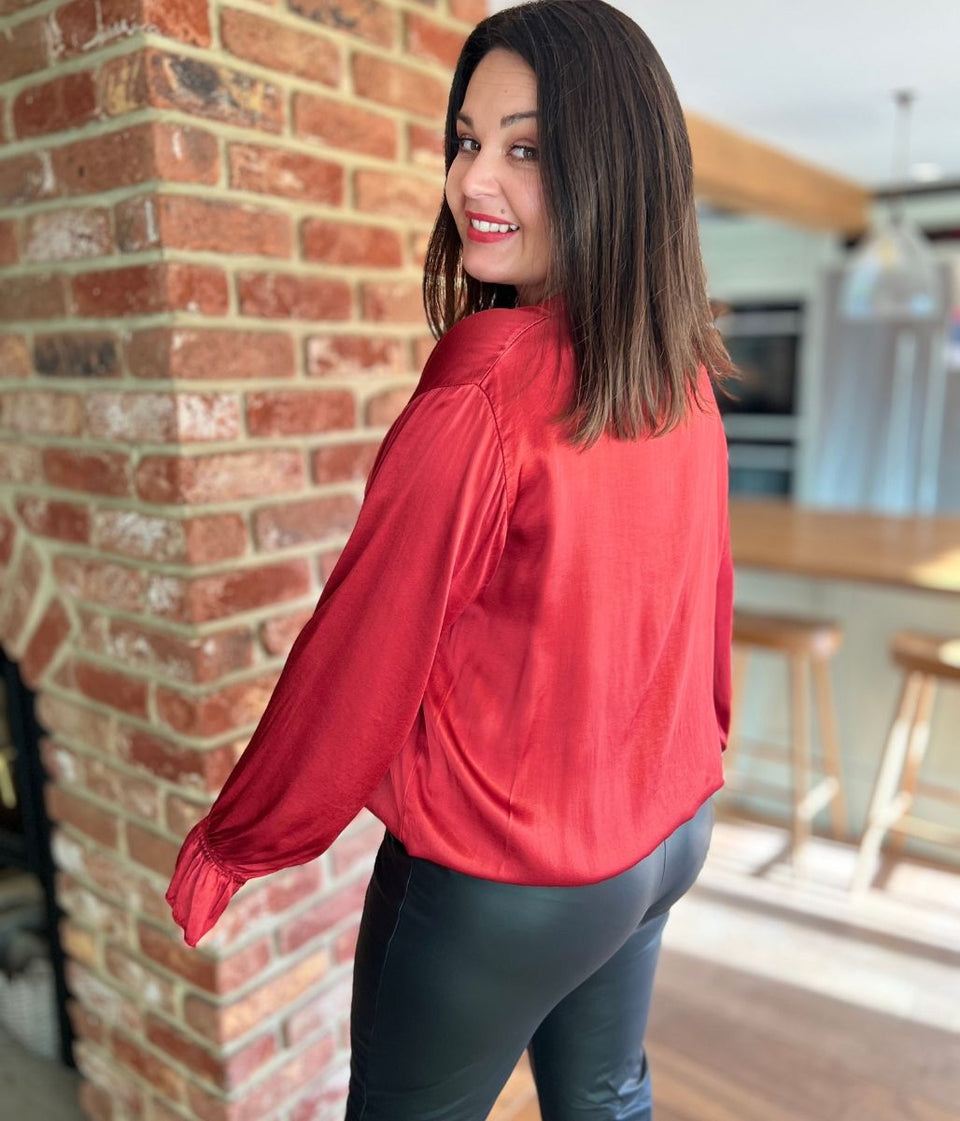 Red Satin Popover Top