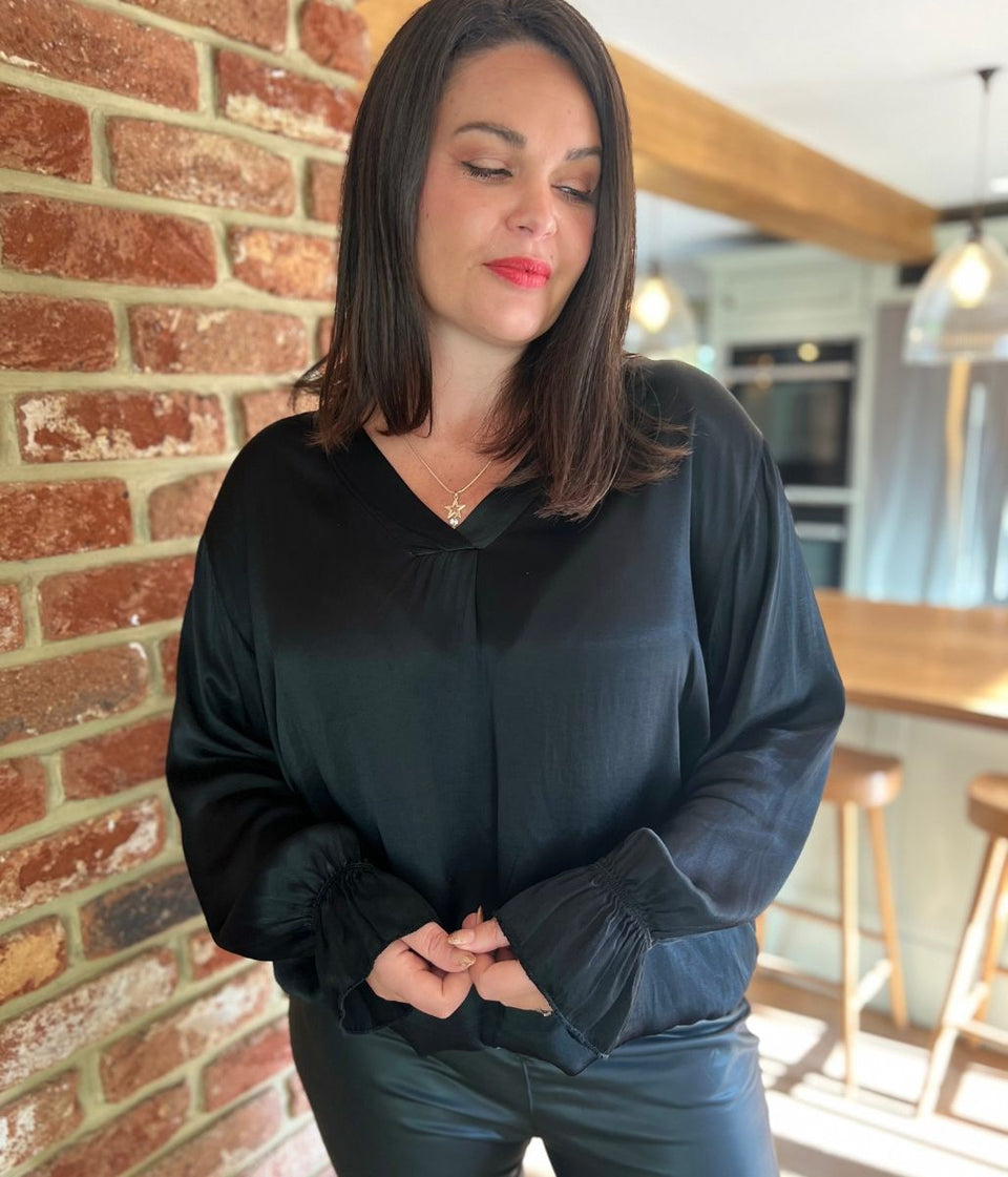 Black Satin Popover Top