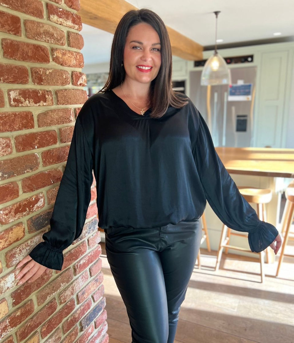 Black Satin Popover Top