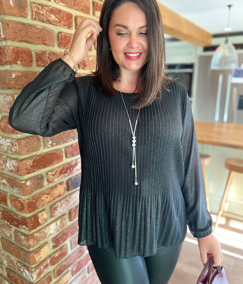 Black Pleated Glitter Necklace Top