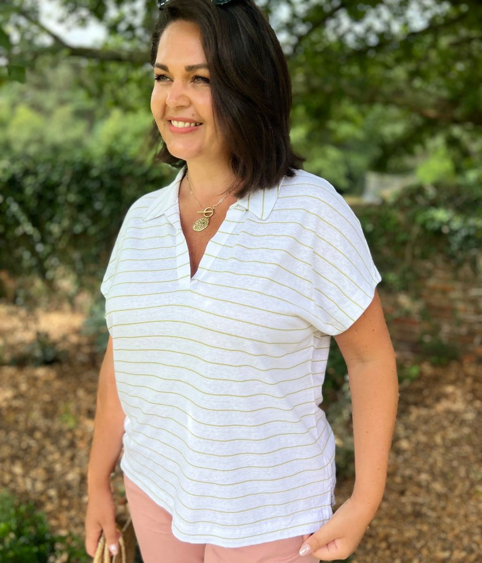 Ivory Linen Blend Striped Relaxed Collar Top