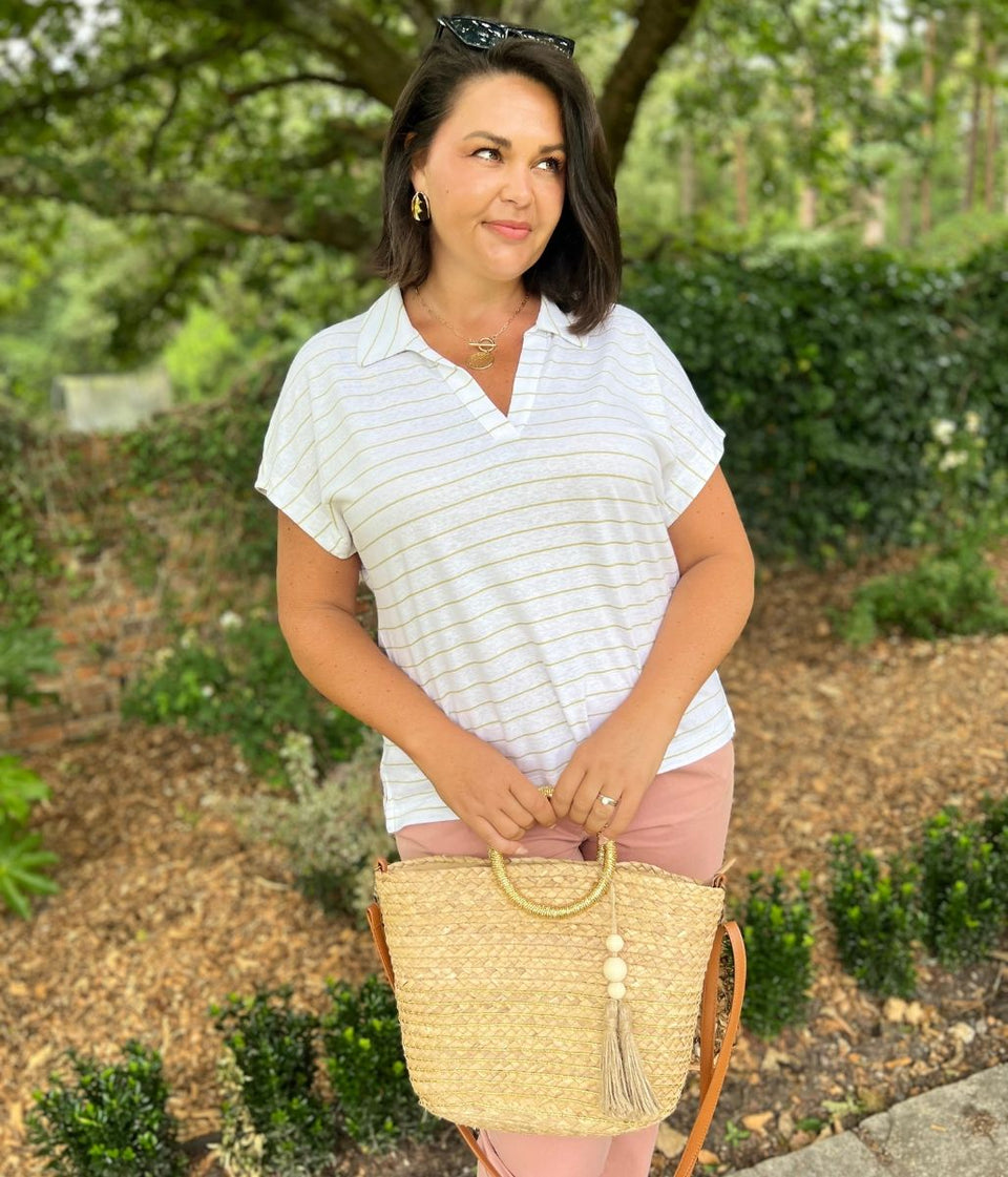 Ivory Linen Blend Striped Relaxed Collar Top