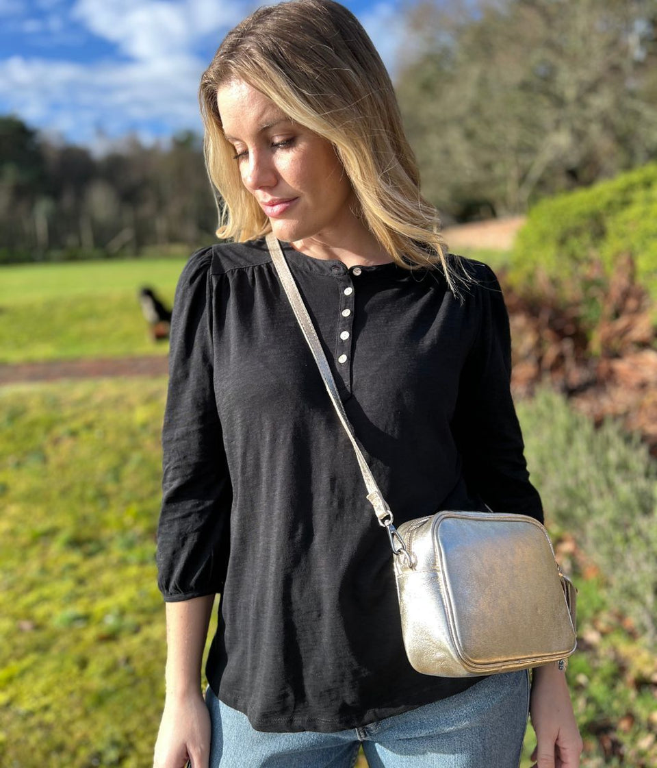 Black Long Sleeve Buttoned Detail Henley Top