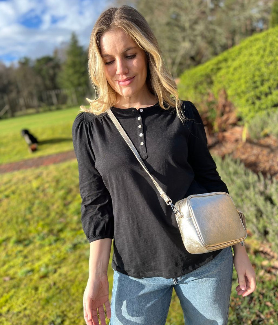 Black Long Sleeve Buttoned Detail Henley Top