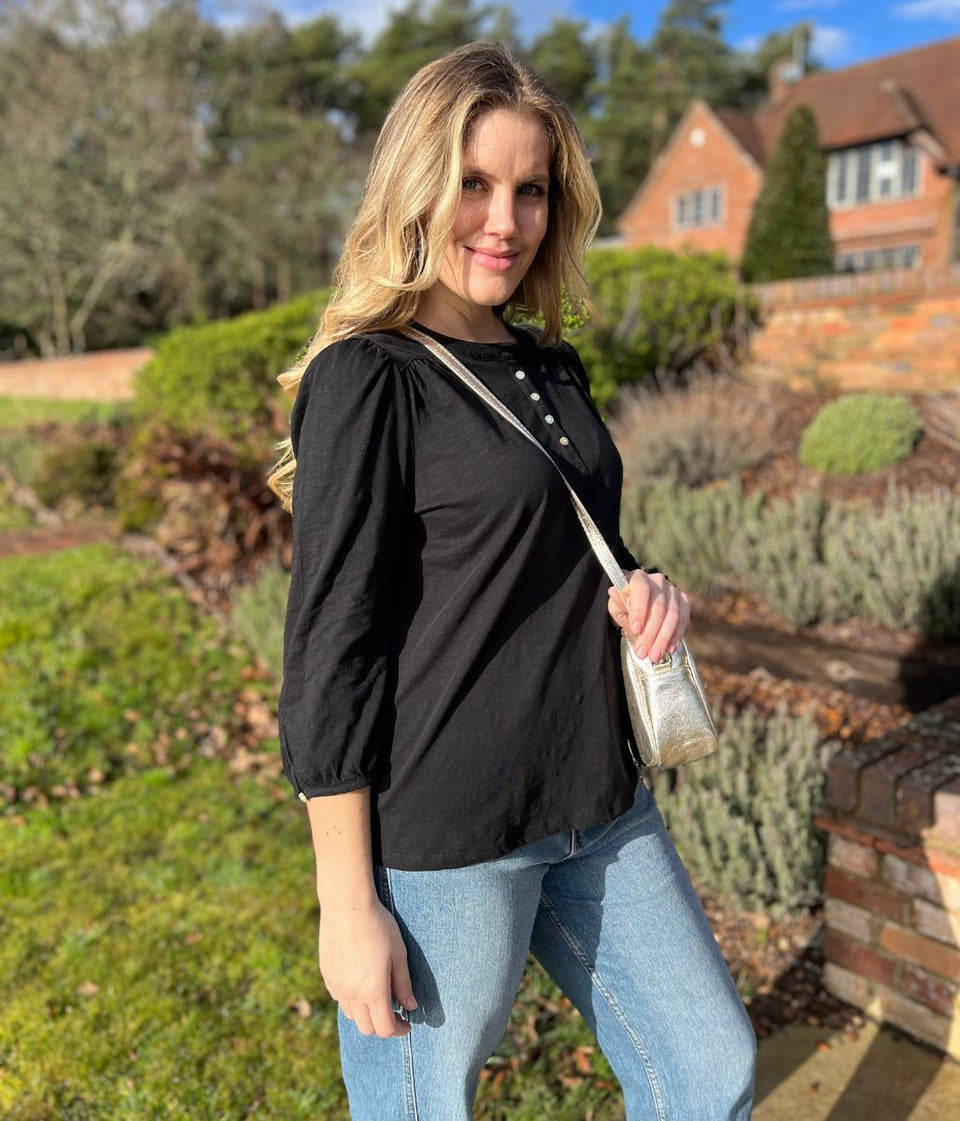 Black Long Sleeve Buttoned Detail Henley Top