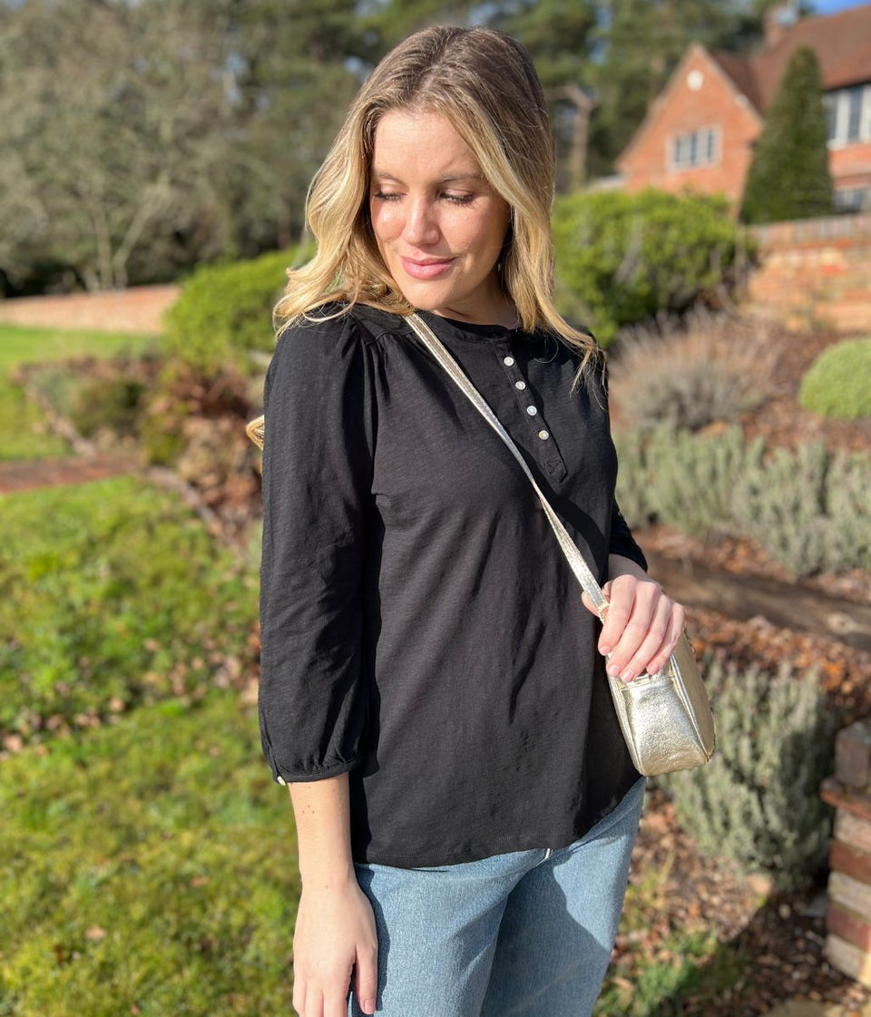 Black Long Sleeve Buttoned Detail Henley Top