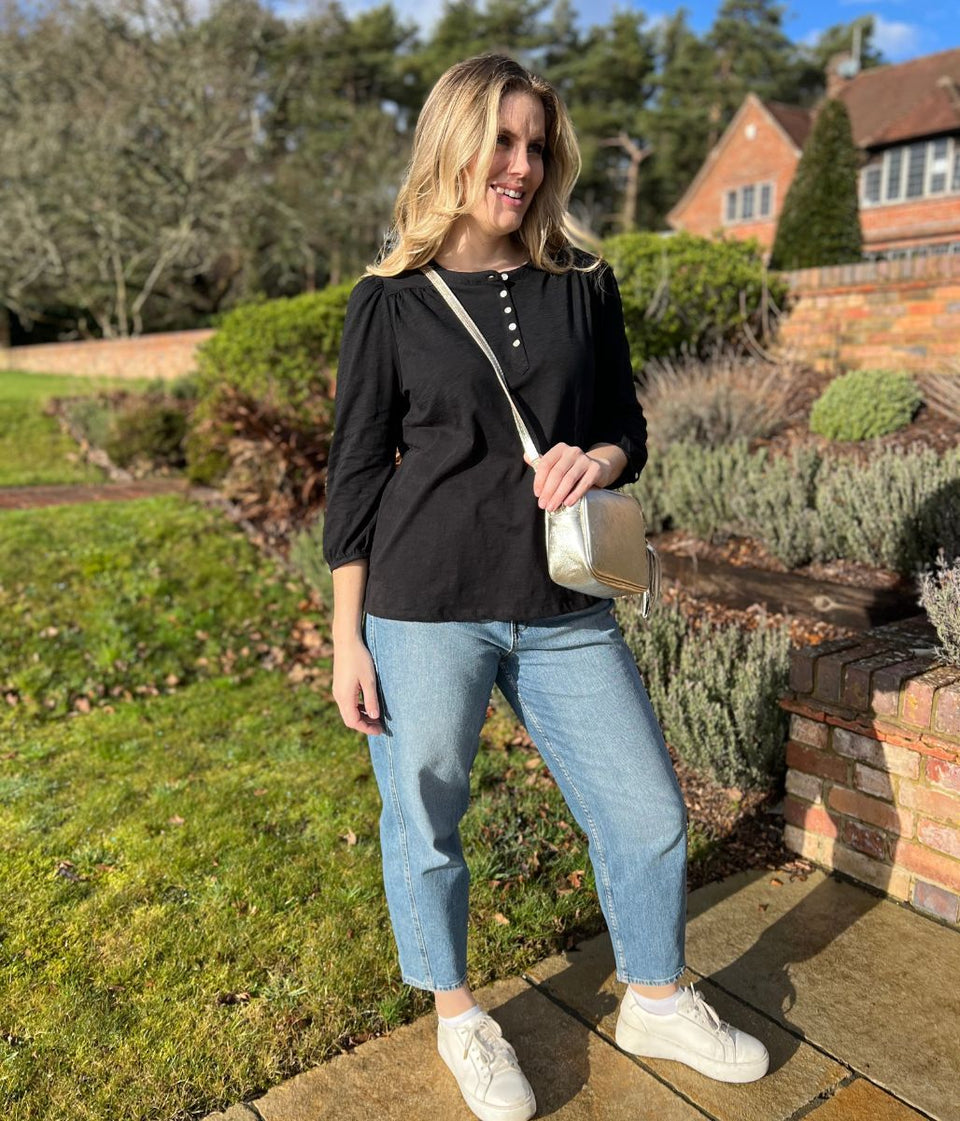 Black Long Sleeve Buttoned Detail Henley Top