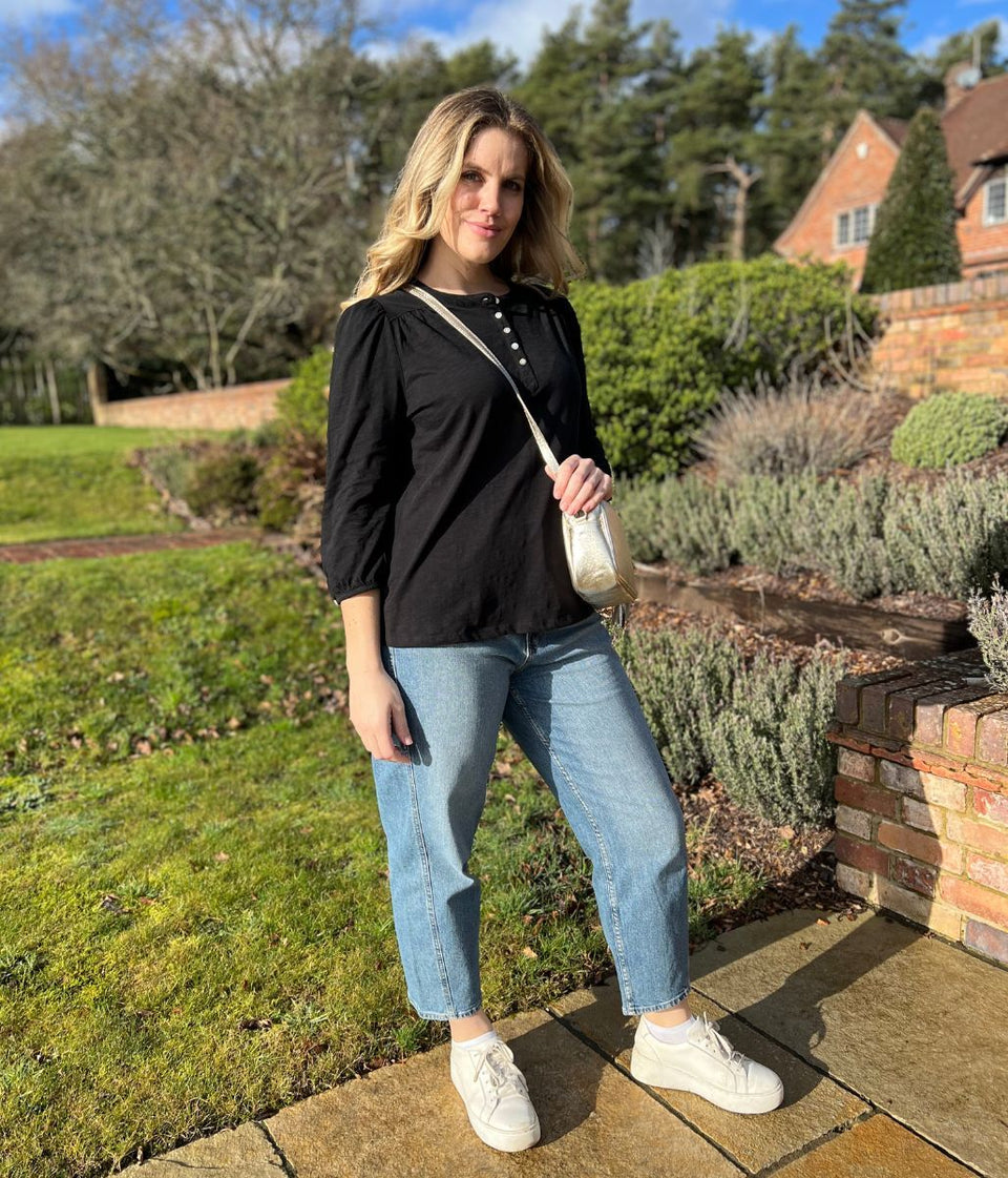 Black Long Sleeve Buttoned Detail Henley Top