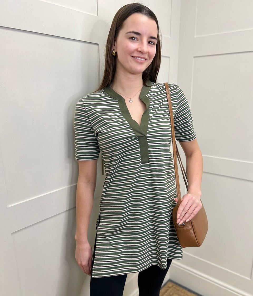 Green Metallic Stripe Tunic Top