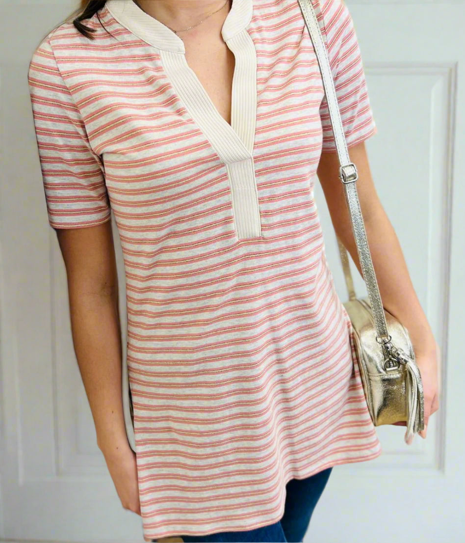 Oatmeal Metallic Stripe Tunic Top