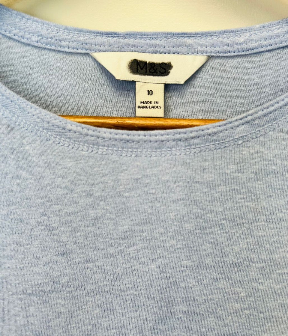 Blue Linen Blend Crew Neck Top