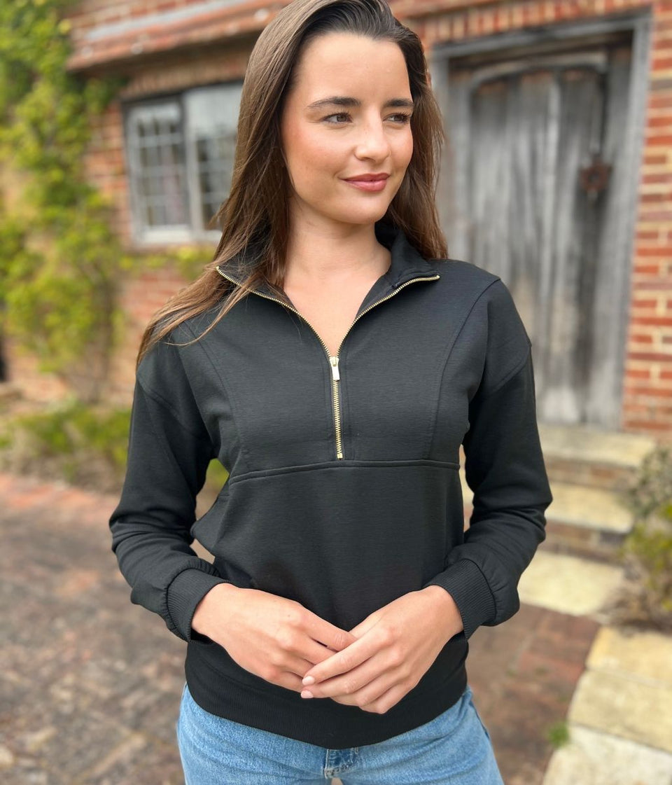Black Casual Luxe Zip Top