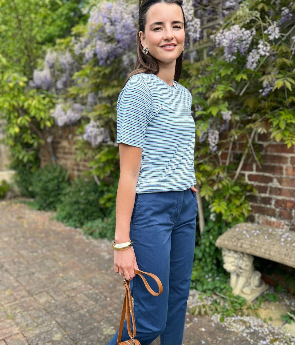 Green Striped Linen Blend T Shirt