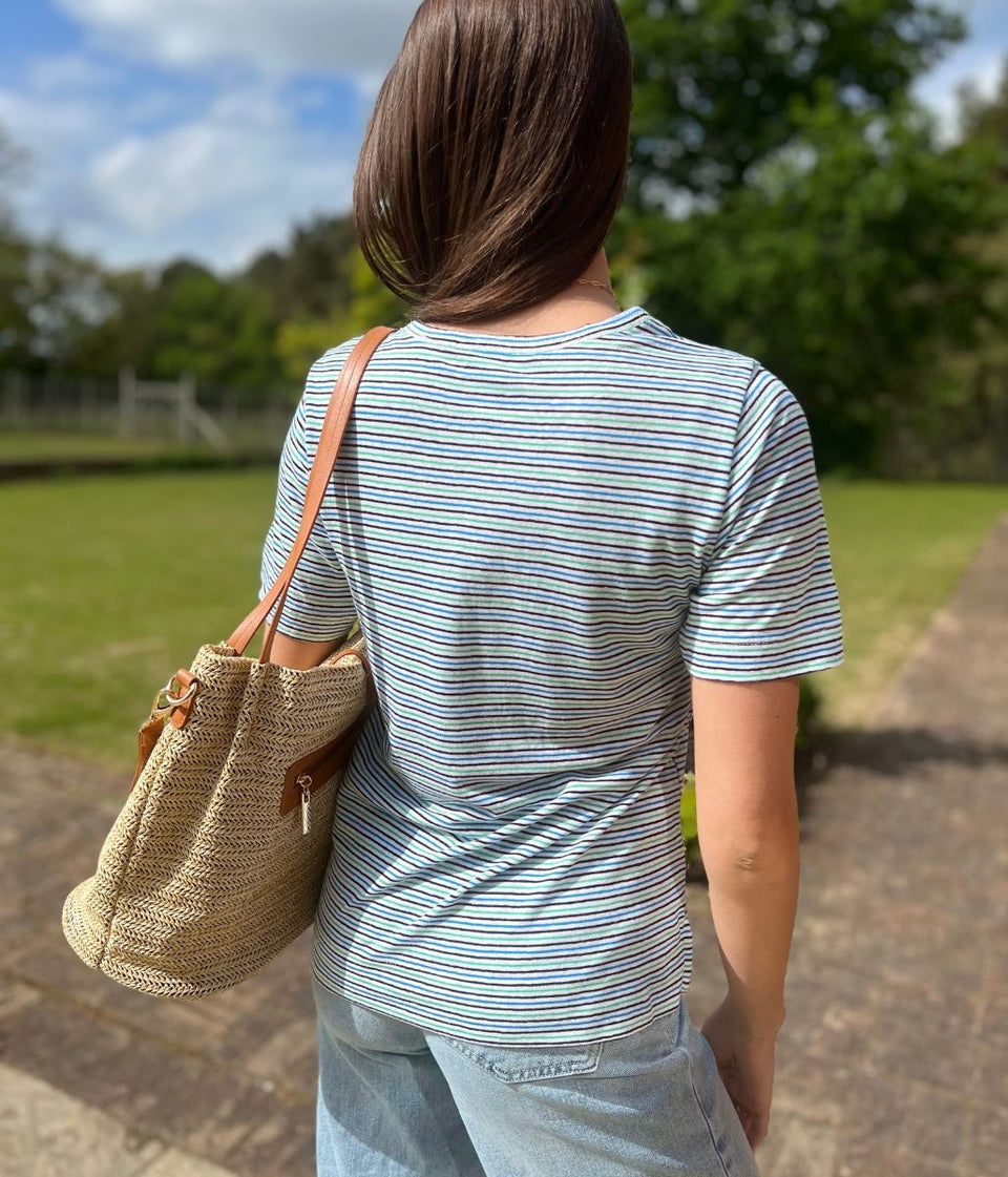 Green Striped Linen Blend T Shirt