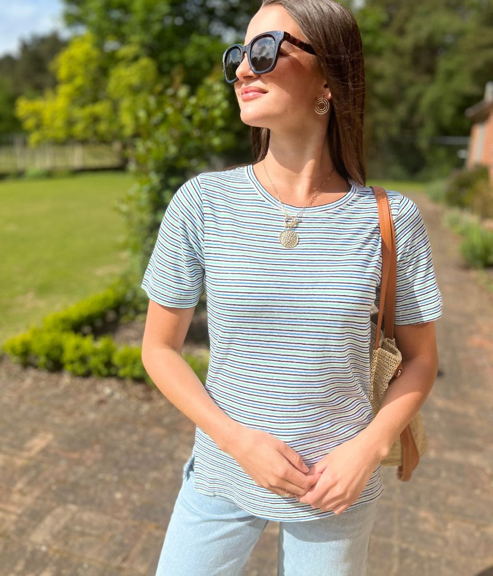 Green Striped Linen Blend T Shirt
