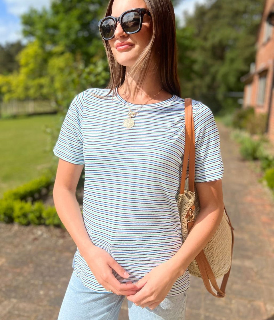 Green Striped Linen Blend T Shirt