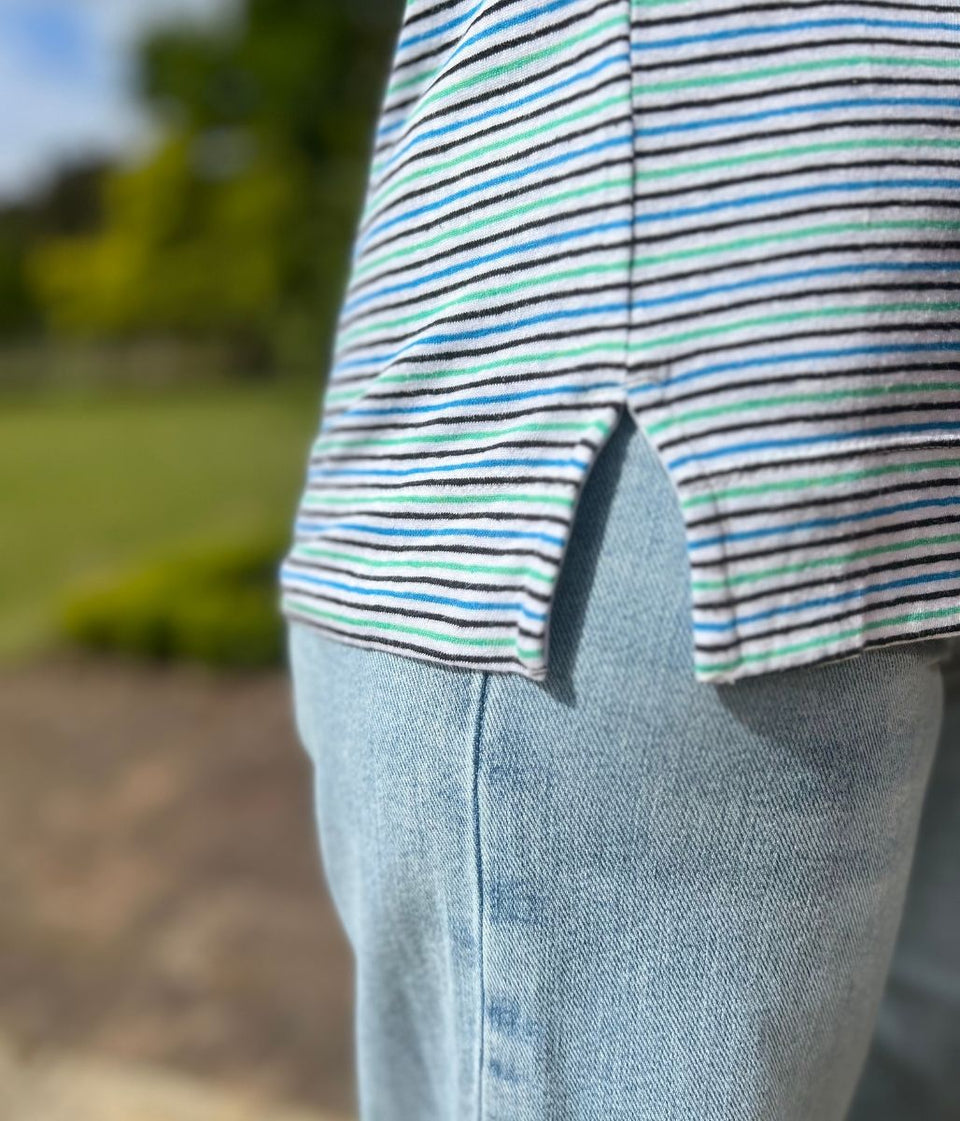 Green Striped Linen Blend T Shirt