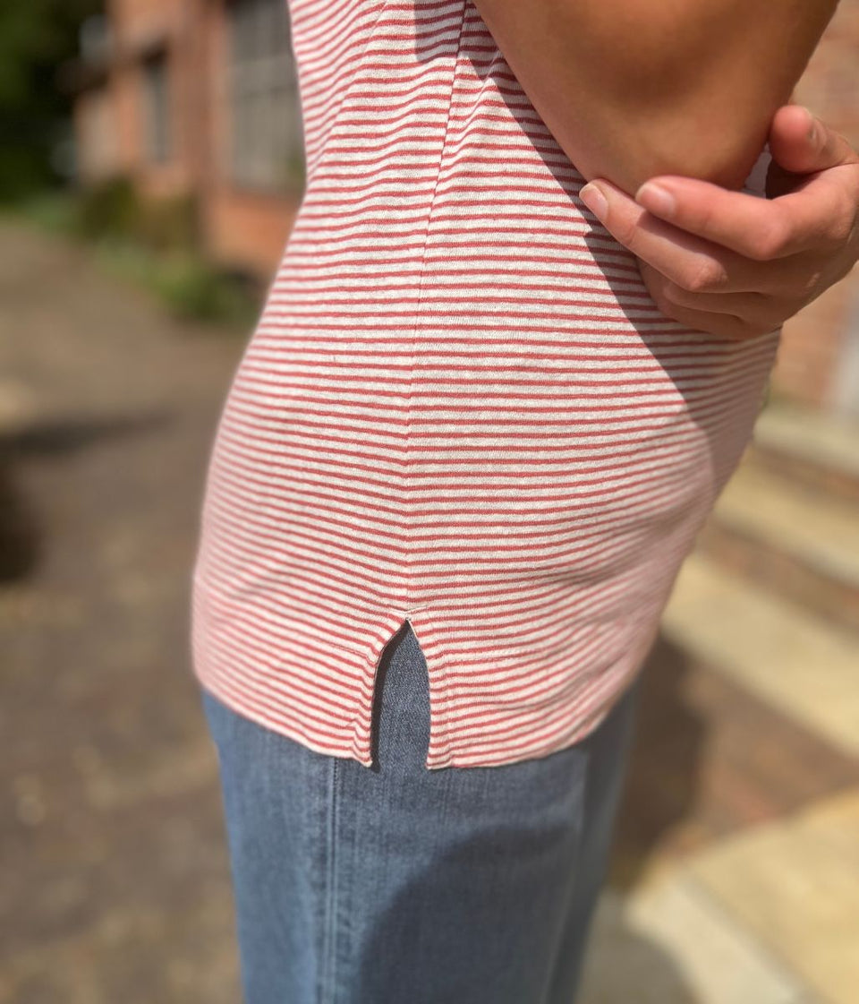 Red Striped Linen Blend T Shirt