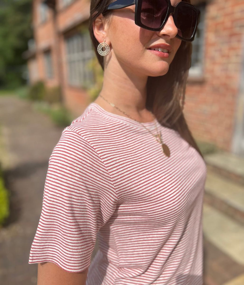 Red Striped Linen Blend T Shirt