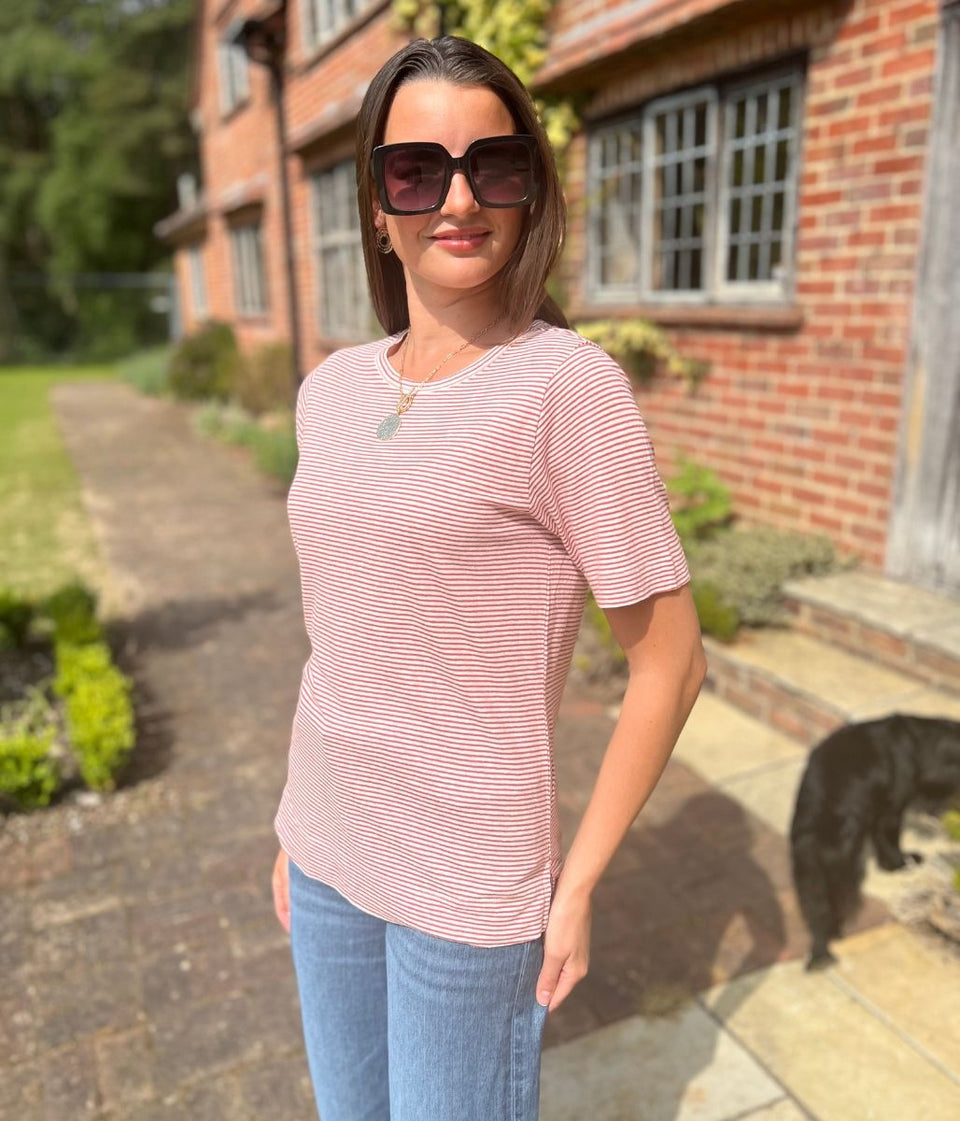 Red Striped Linen Blend T Shirt