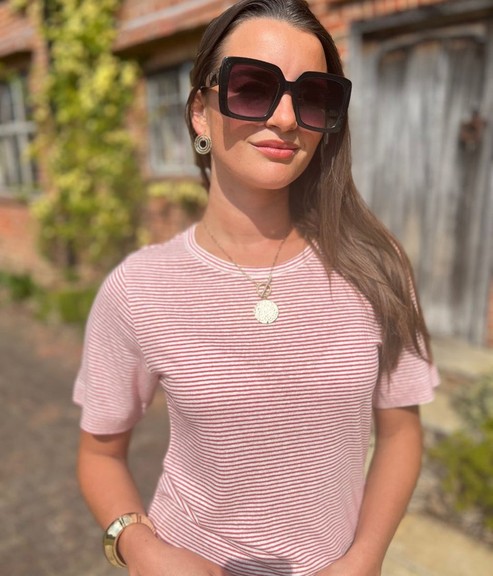 Red Striped Linen Blend T Shirt