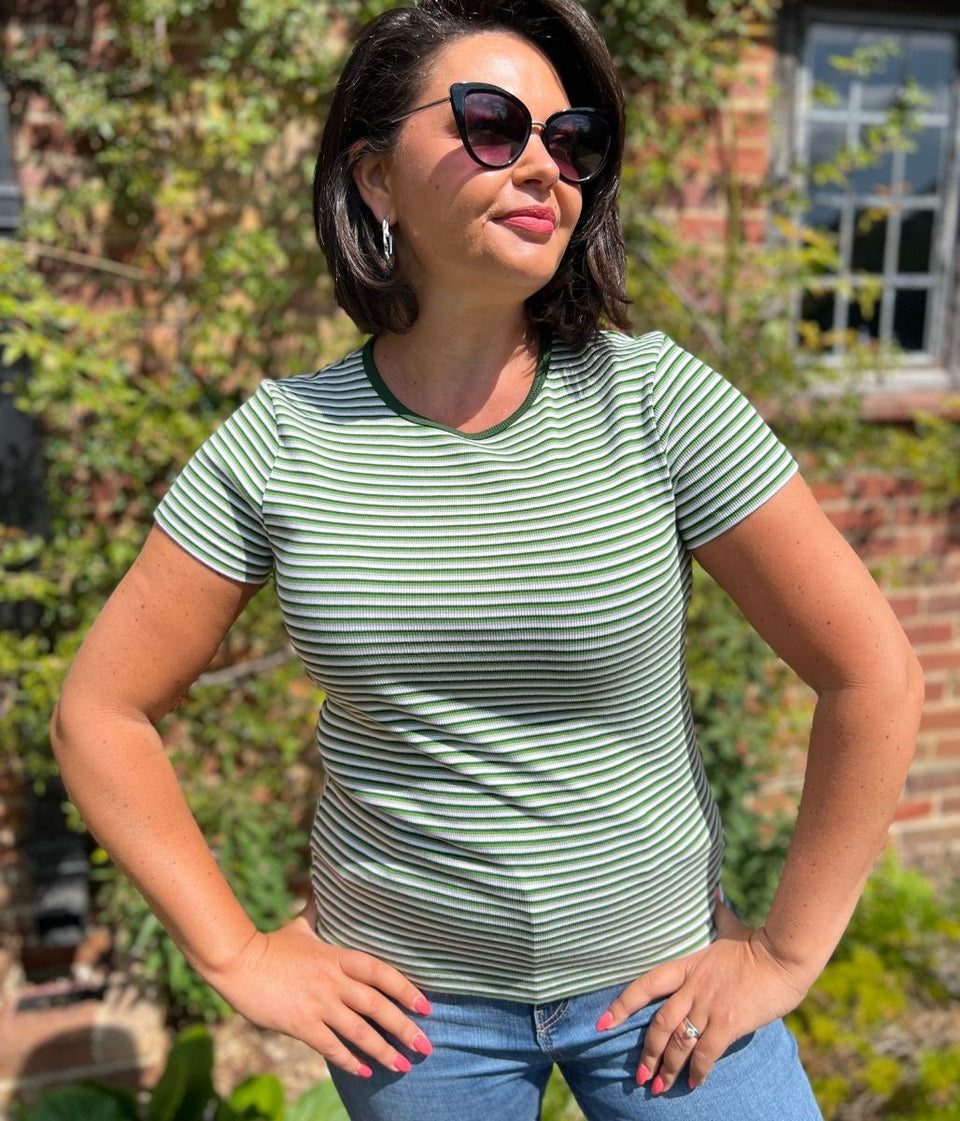 Green Striped Cotton Rich Ribbed Tee