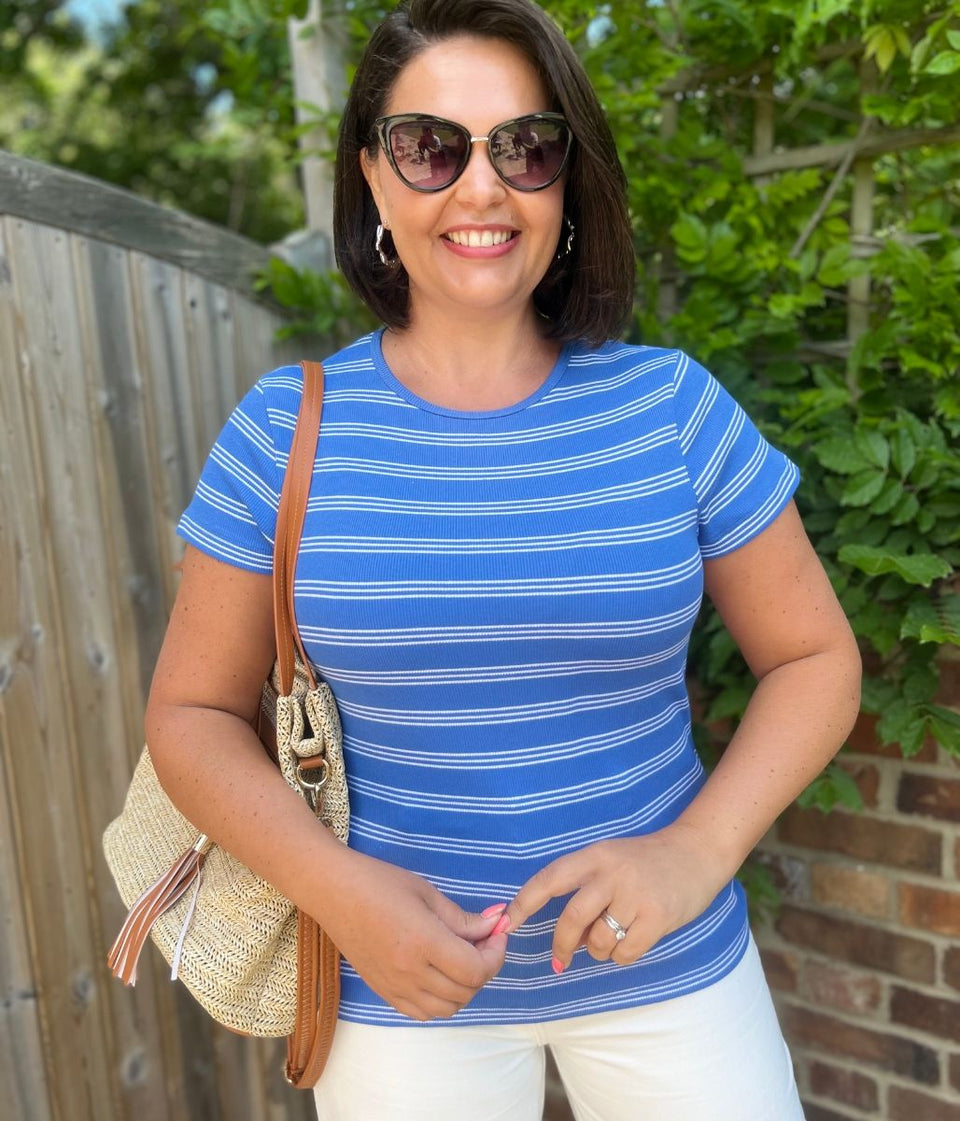 Blue Striped Cotton Rich Ribbed Tee