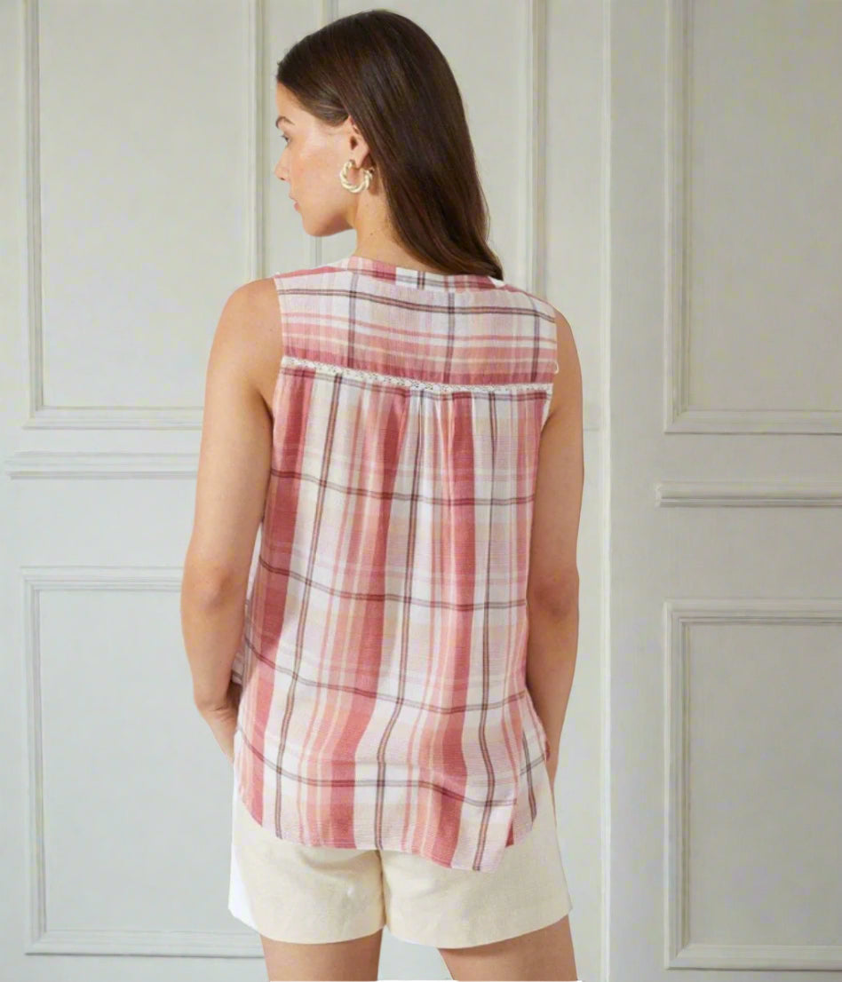 Maine Pink Checked Sleeveless Top