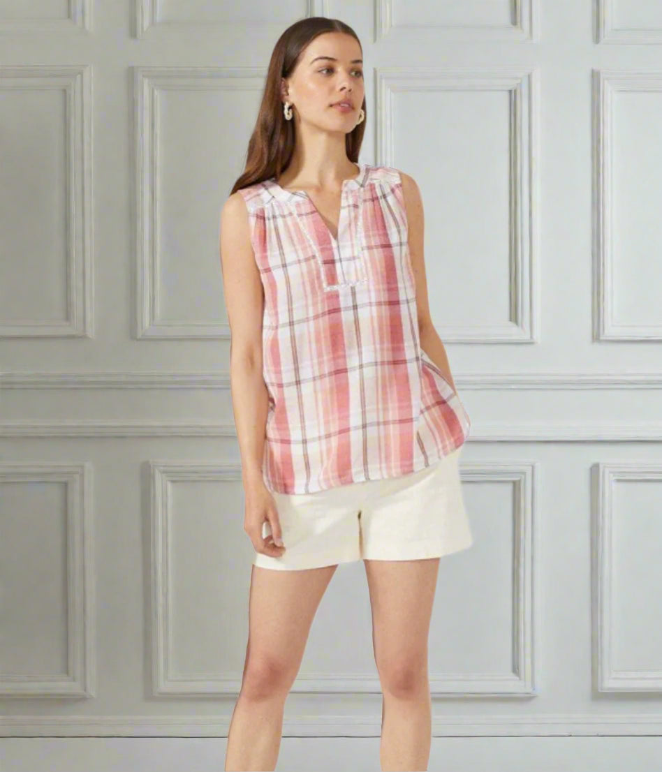 Maine Pink Checked Sleeveless Top