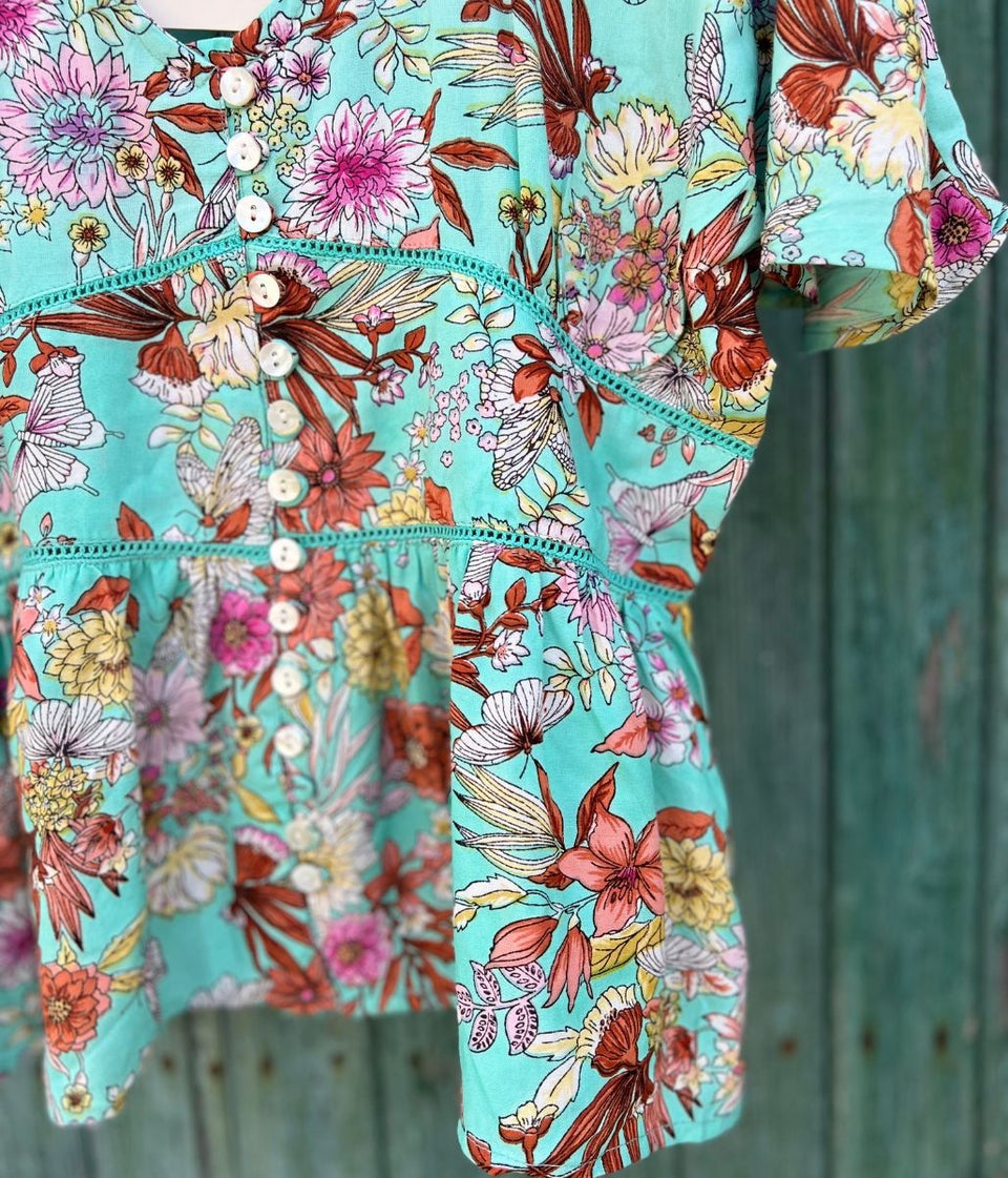 Aqua Ditsy Floral Blouse