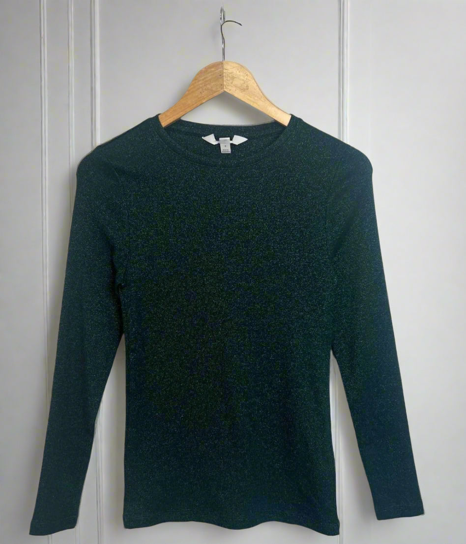 Green Ribbed Sparkly Long Sleeve Top