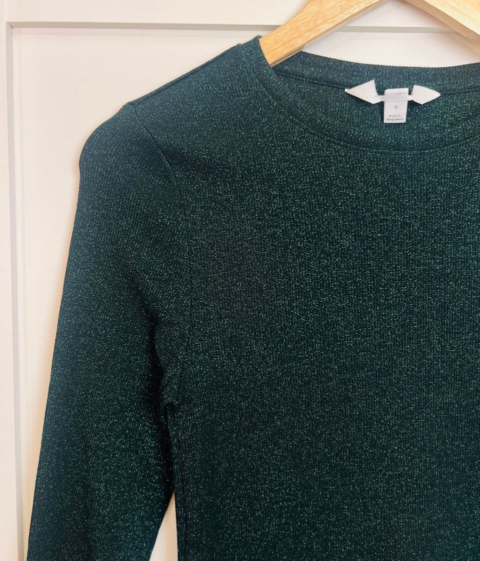 Green Ribbed Sparkly Long Sleeve Top