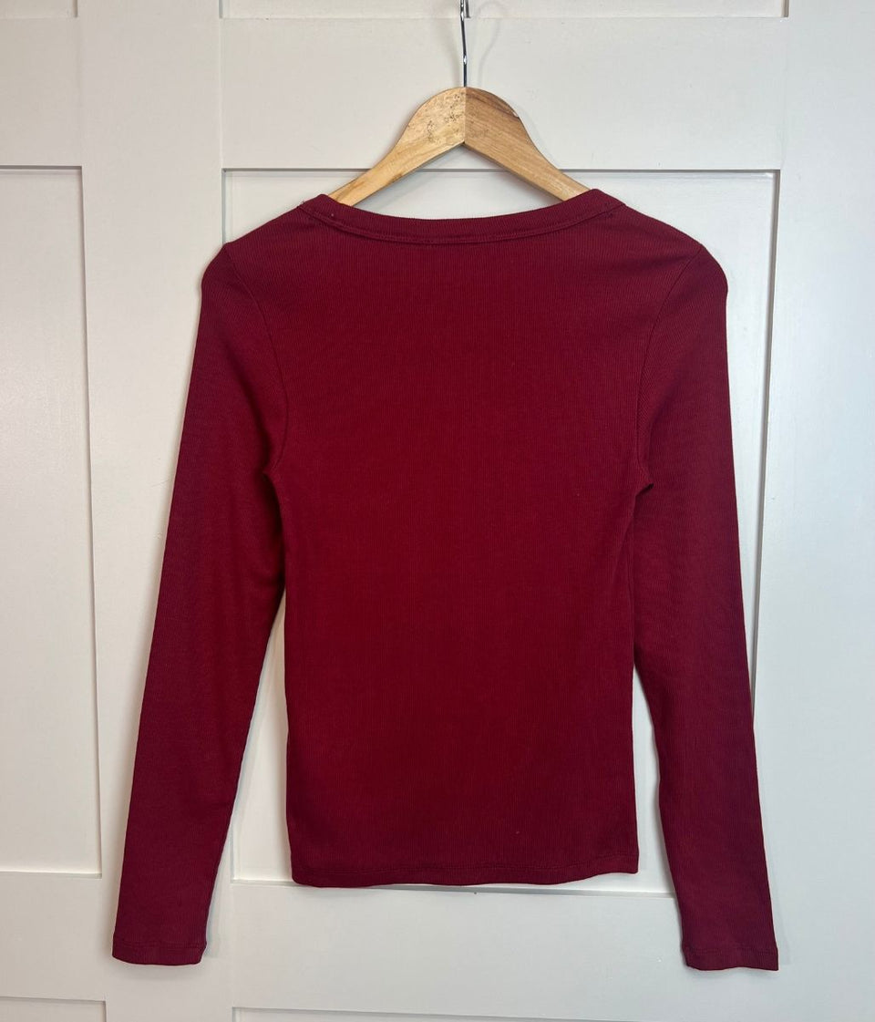 Dark Red Ribbed Long Sleeve Top