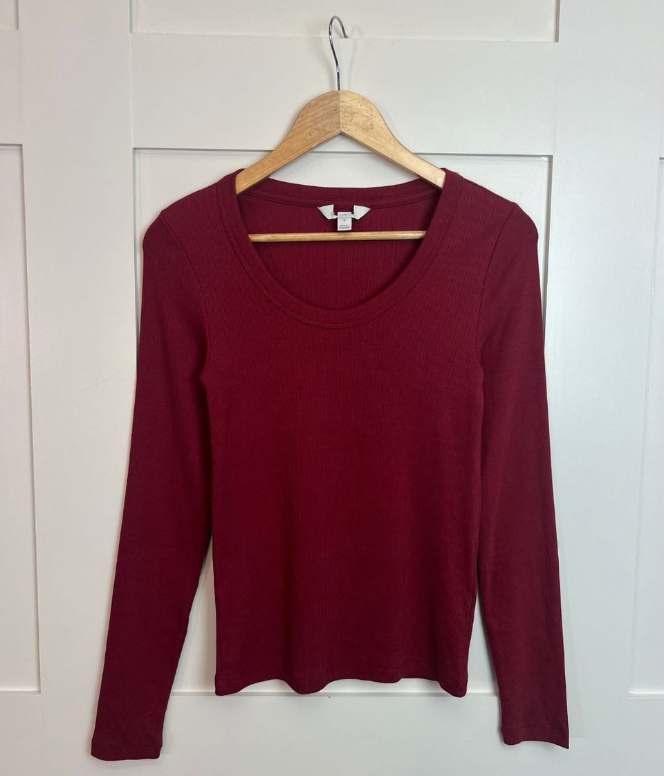 Dark Red Ribbed Long Sleeve Top