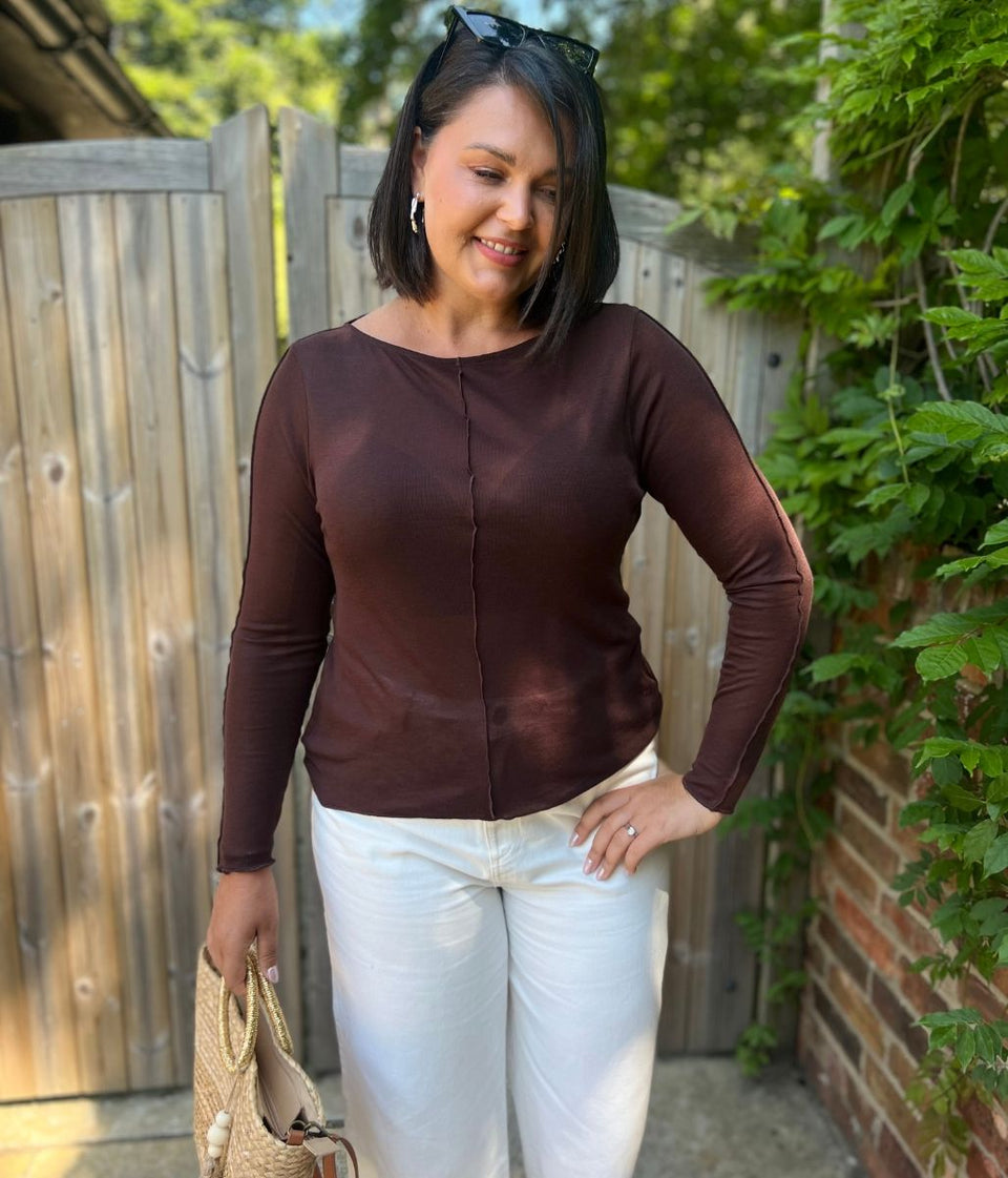 Brown Lyocell Blend Ribbed Top