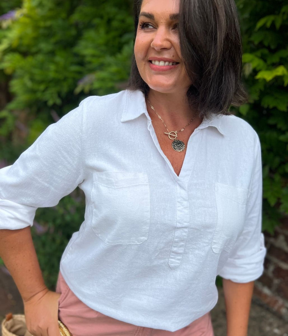 Ivory Linen Blend Pop Over Shirt