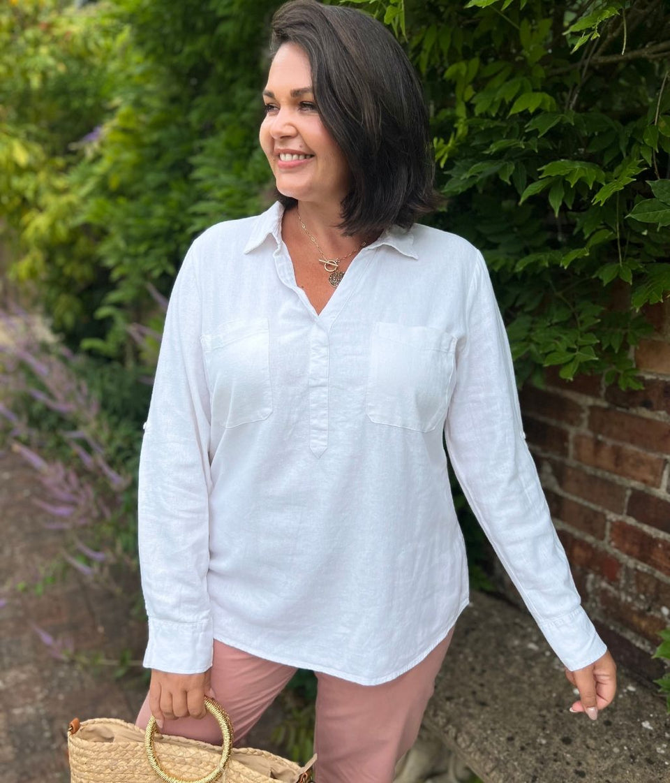 Ivory Linen Blend Pop Over Shirt