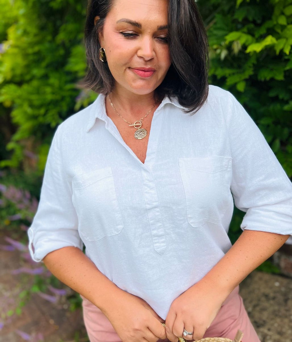 Ivory Linen Blend Pop Over Shirt