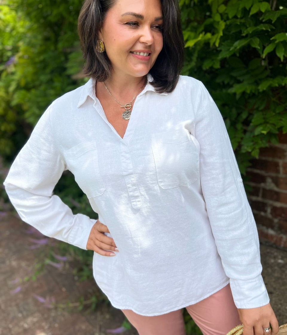 Ivory Linen Blend Pop Over Shirt