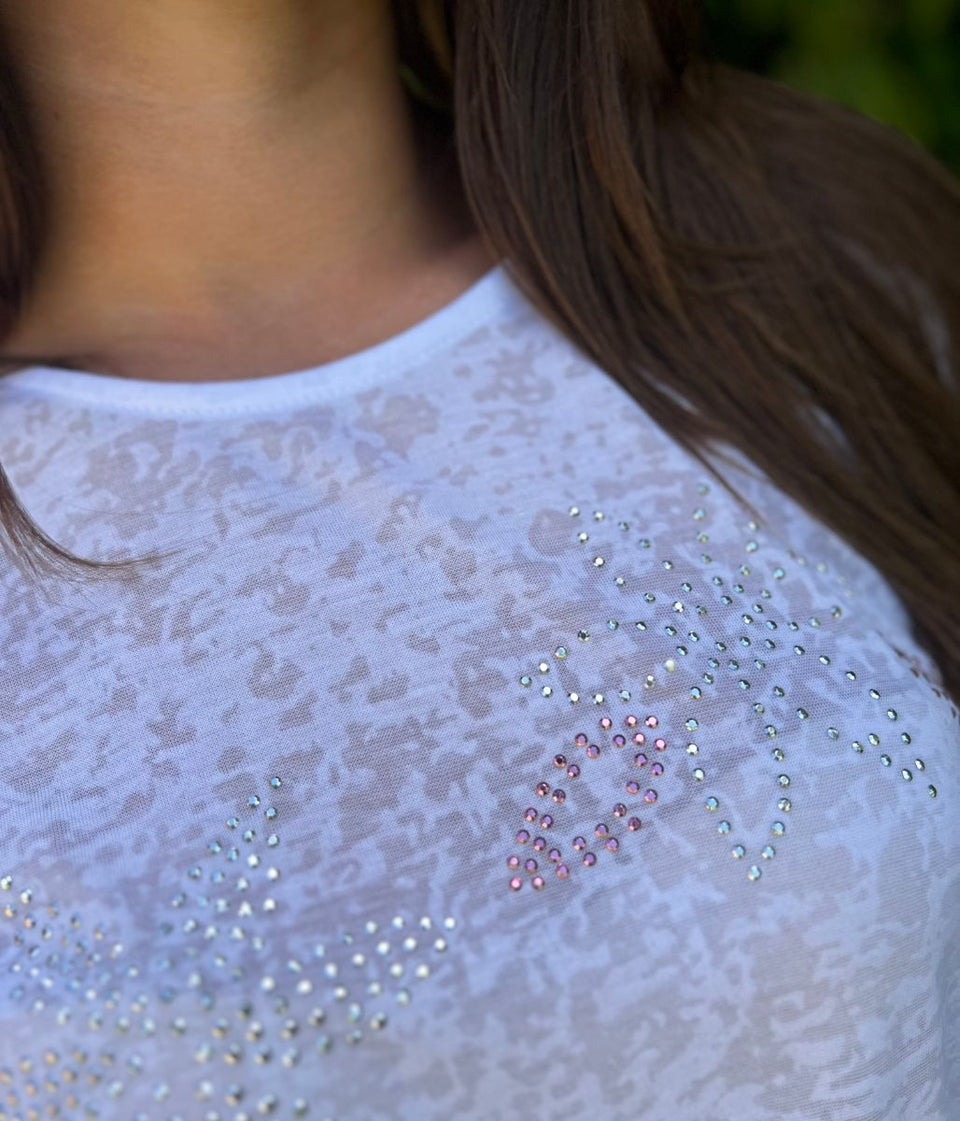White Sequin Flower Burnout Top