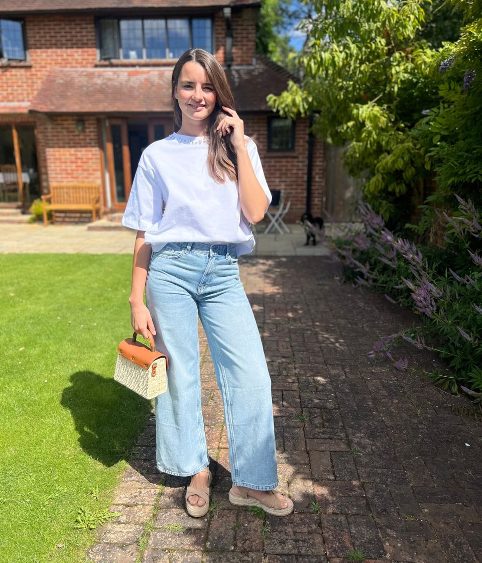 White Embellished Collar Relaxed T Shirt