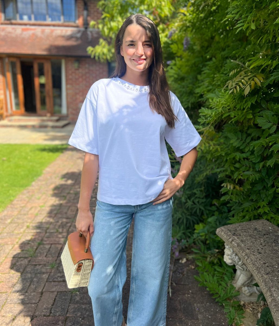 White Embellished Collar Relaxed T Shirt